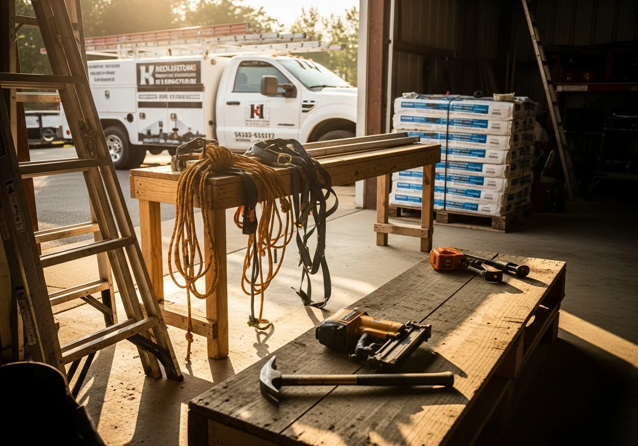 Professional roofing crew with tools and equipment ready for residential and commercial roof repair work.