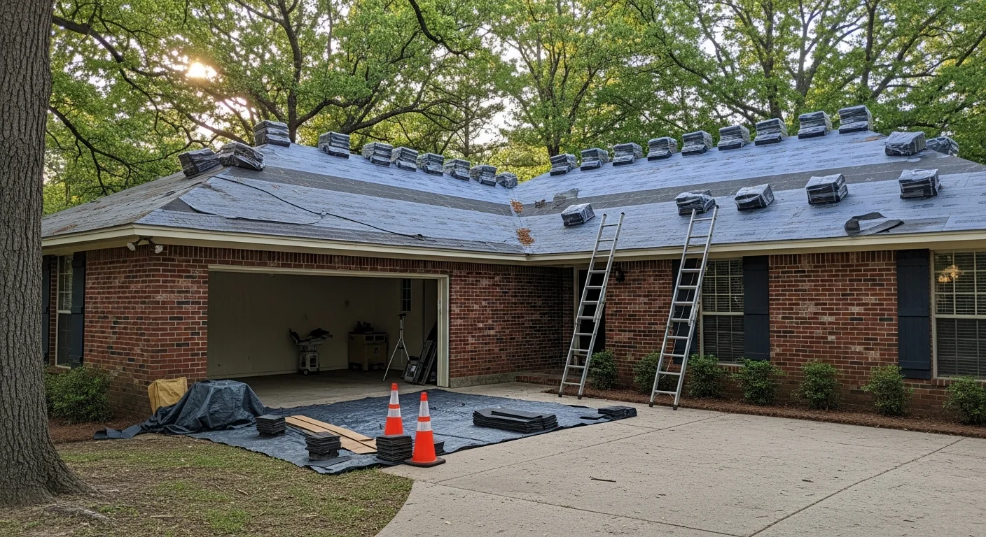 Professional crew completing work on a residential home in Jonesboro with mature trees and established neighborhood setting.