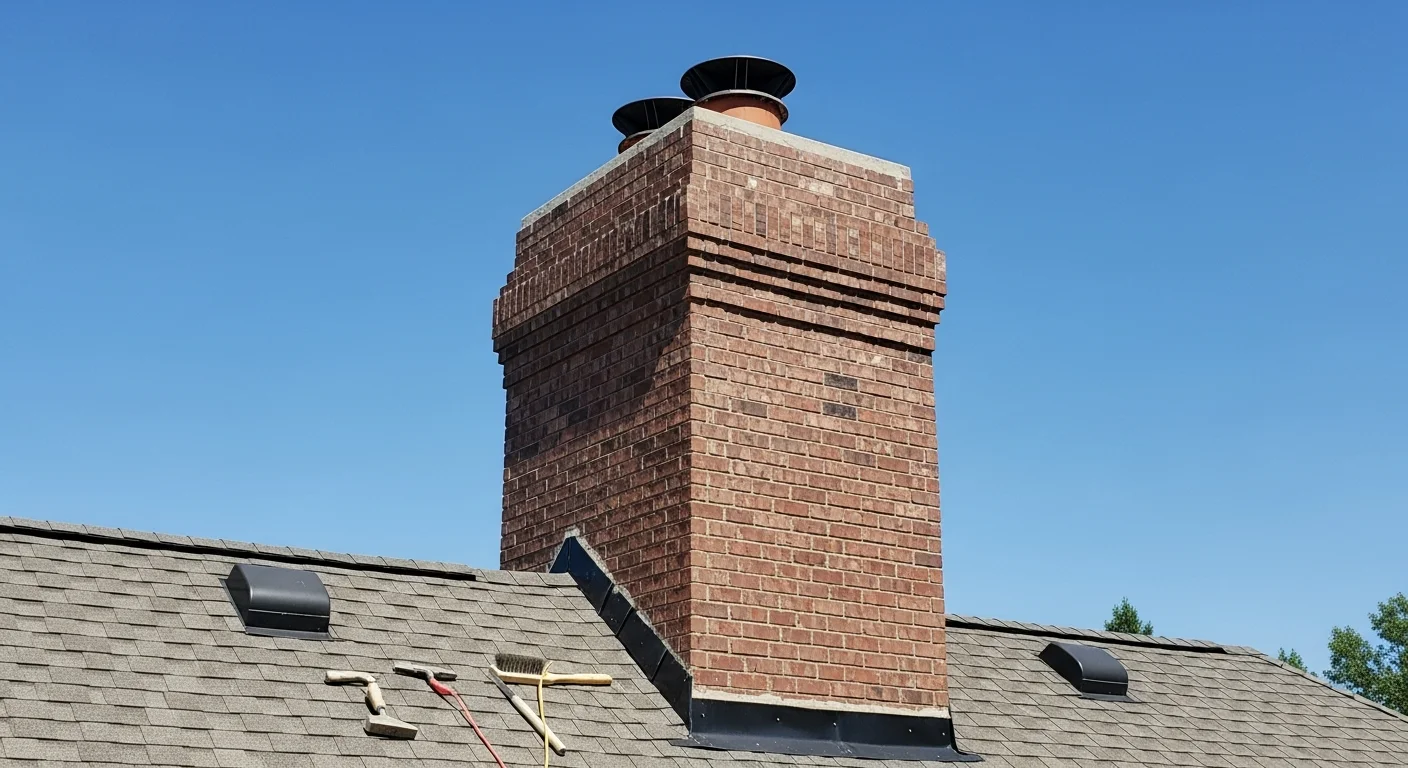 A brick chimney on an Osceola, Wisconsin home showing repaired mortar joints and a restored crown after freeze-thaw damage. The chimney cap is intact and the flashing along the roofline is sealed flush against the masonry.