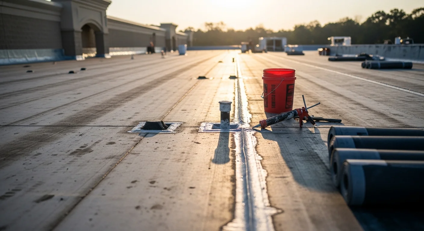 A roofing contractor from Delta Roofing & Restoration inspecting a flat commercial roof membrane on a multi-unit building in Osceola. Close-up view shows repaired flashing seams and a sealed drainage area on a low-slope commercial rooftop.