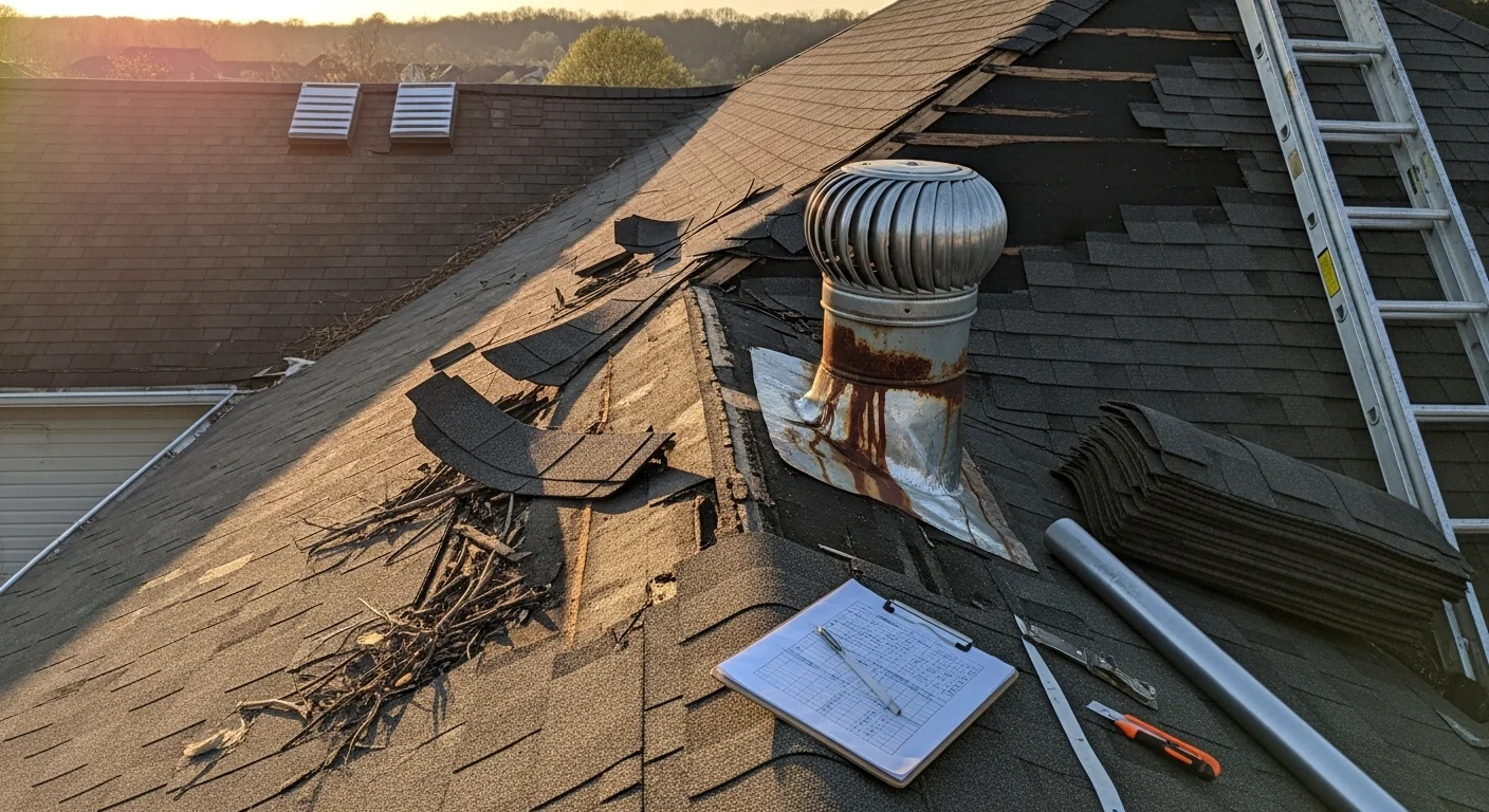 A Delta Roofing & Restoration crew member inspecting storm damage on a residential roof in Osceola, with missing shingles and exposed decking visible after a wind event. The repair team is securing the damaged section to prevent further water intrusion.