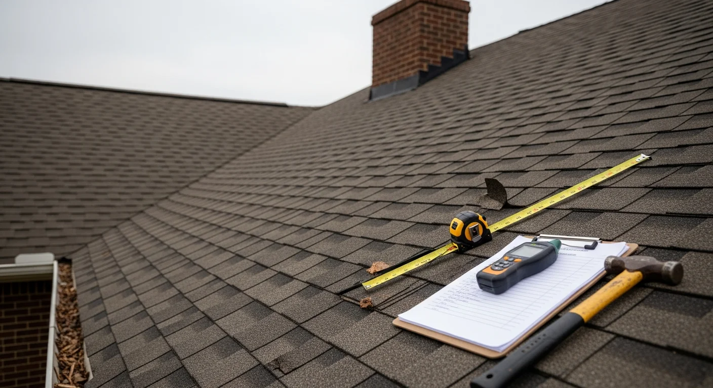 A Delta Roofing & Restoration inspector examining shingles and flashing on a residential roof in Osceola. Close-up view shows granule loss and storm wear consistent with seasonal weather damage in the area.
