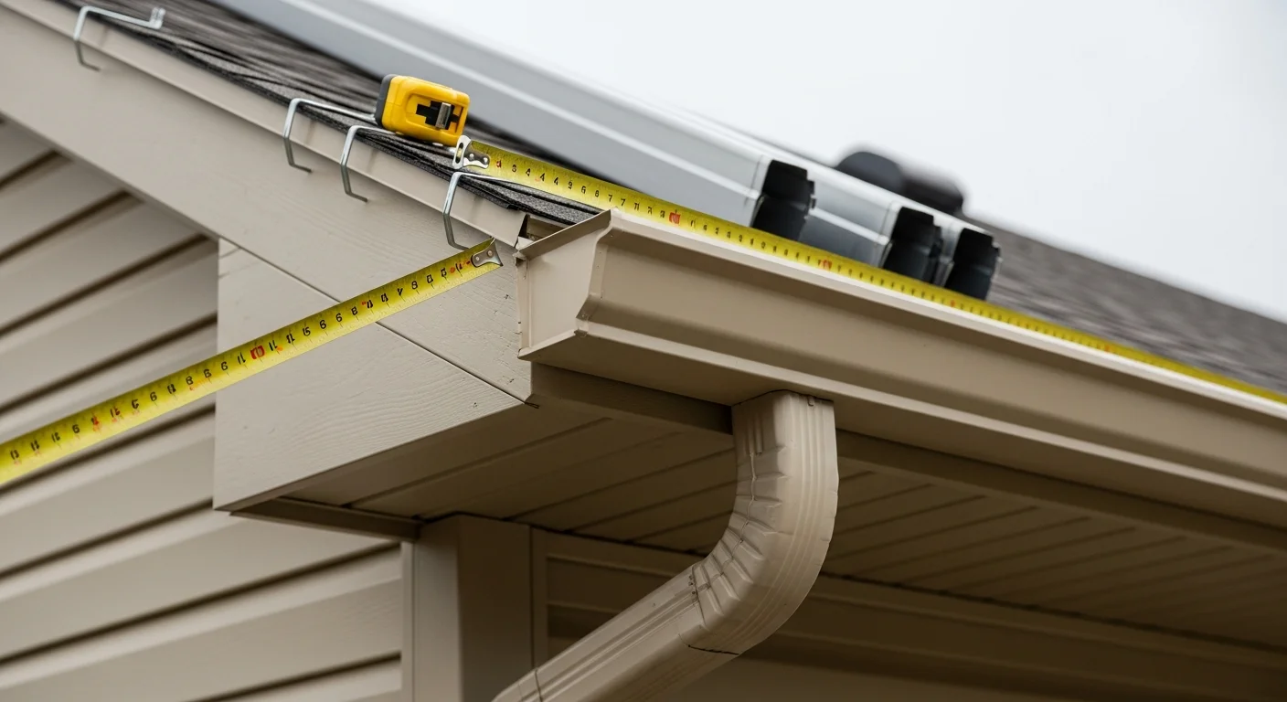 Newly installed gutters running along the roofline of a single-family home in Osceola, with a downspout directing water away from the foundation. Close view shows clean fascia attachment and sealed gutter joints on a residential exterior.