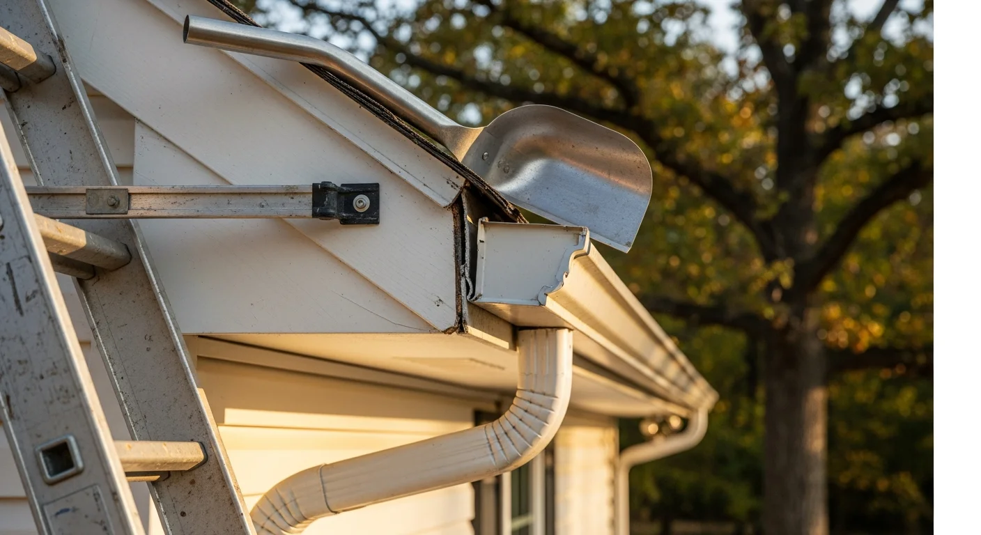A repaired residential gutter system on an Osceola home, with resealed joints and properly secured hangers running along the roofline. Water flows cleanly through the downspout away from the home's foundation.
