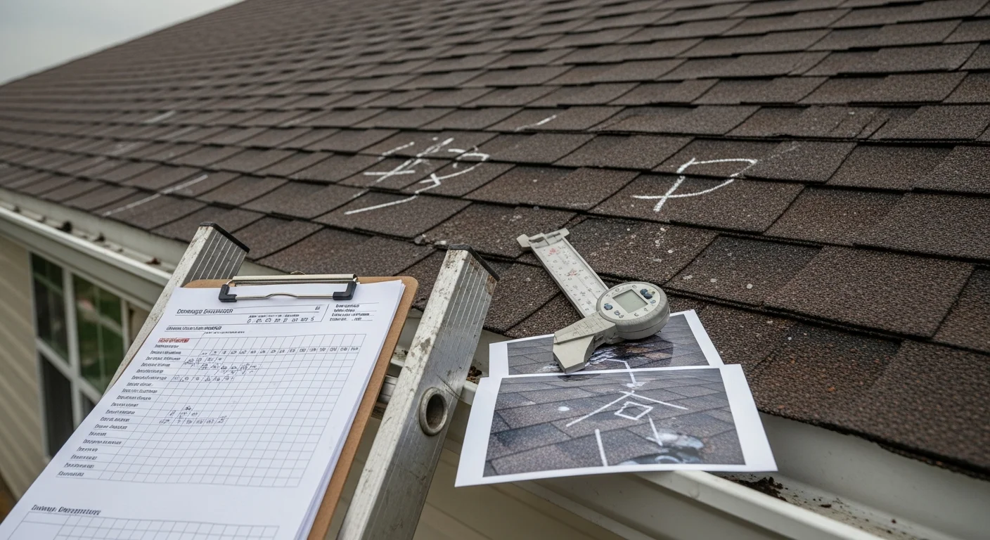 A close-up view of a residential roof in Osceola showing hail impact marks, granule loss, and dented gutters after a Midwest storm. A Delta Roofing & Restoration technician inspects the damaged shingles from the rooftop.