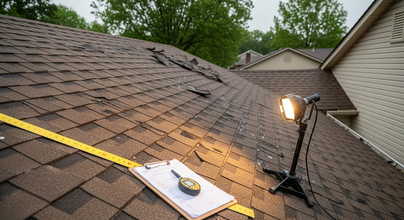 A damaged residential roof in Osceola showing lifted shingles and hail impact marks after a storm. A Delta Roofing and Restoration inspector photographs the affected area for an insurance claim inspection.