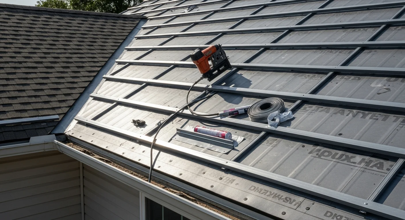 A completed metal roof installation on a single-family home in Osceola, showing clean panel lines, sealed ridge caps, and finished eave edges. The standing seam metal panels run the full length of the roof slope against a clear Florida sky.