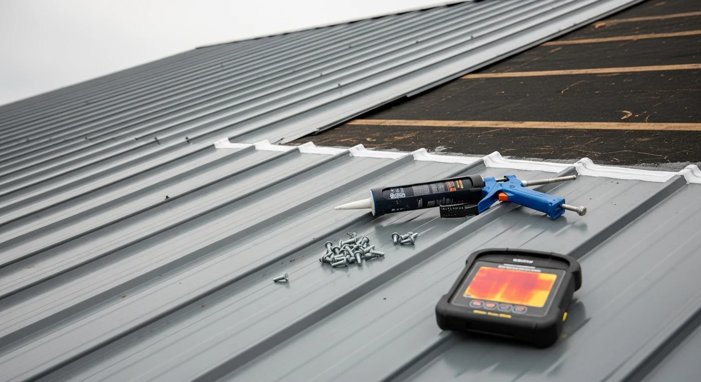 A metal roof on an Osceola residential property showing a completed seam and fastener repair with clean, flush panels. A Delta Roofing & Restoration technician is visible on the roof conducting a close inspection of the repaired section.