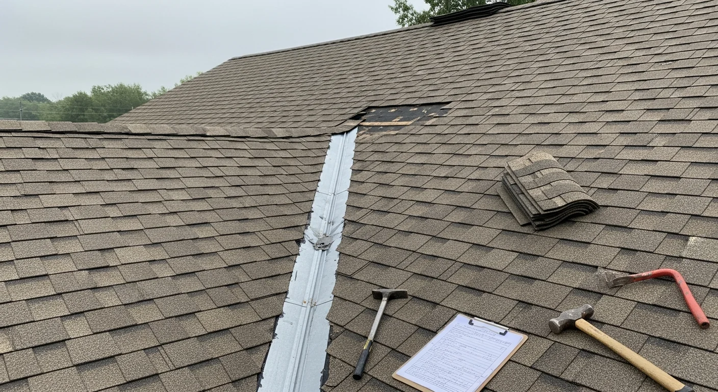A Delta Roofing & Restoration crew member repairing damaged shingles on a residential roof in Osceola, Wisconsin. Close-up view shows replaced shingle sections and sealed flashing on a Midwest home after storm damage.
