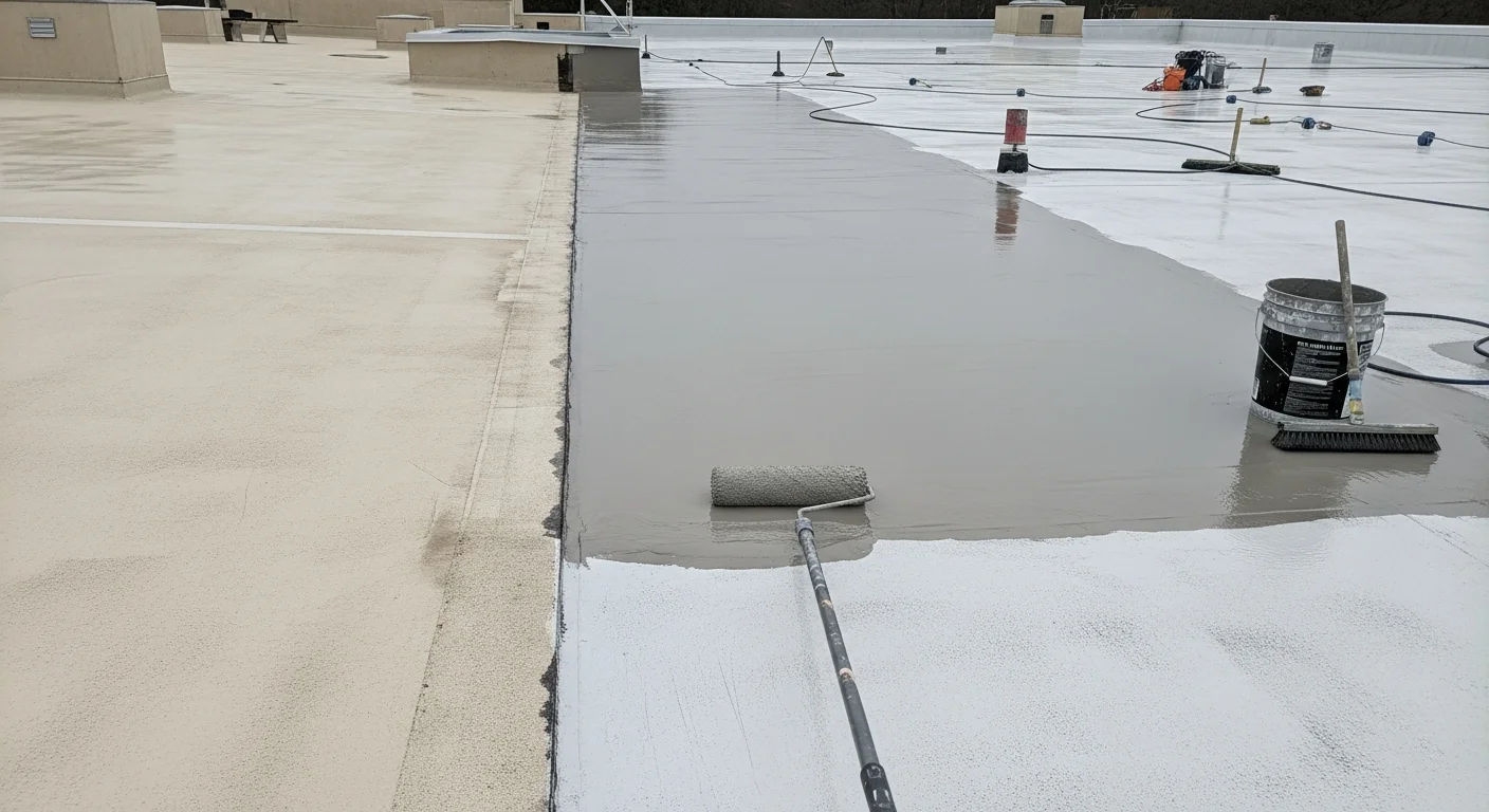A flat commercial rooftop in Osceola with a freshly applied white reflective coating covering the full surface. A roofing technician from Delta Roofing & Restoration is visible at the edge, reviewing the completed application.