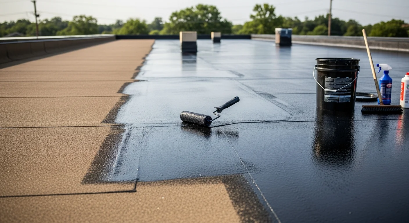 A flat commercial rooftop in Osceola receiving a protective coating application, with a uniform white reflective surface covering the membrane. A roofing technician applies the coating in even passes under clear Midwest skies.