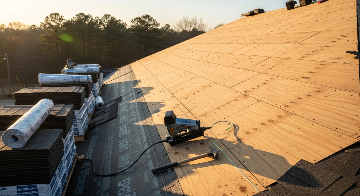 A completed residential roof replacement on a single-family home in Osceola, showing newly installed roofing over clean decking with finished ridge and flashing details. The surrounding yard reflects a typical Central Florida residential neighborhood.