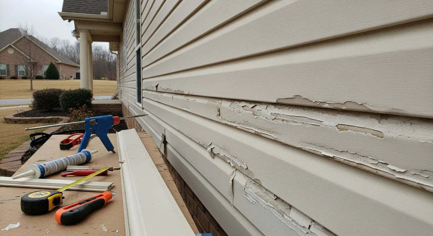 A repaired section of residential siding on an Osceola home, showing new panels matched to the existing exterior after storm damage. A contractor inspects the finished wall surface from ground level.