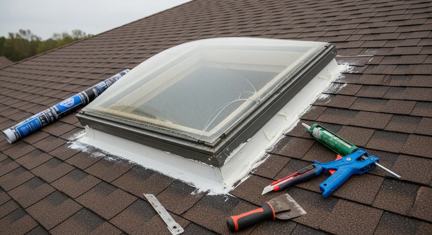 A repaired residential skylight on an Osceola home roof with fresh flashing and a clear, sealed glass panel. The surrounding shingles are intact and water-tight after damage restoration work by Delta Roofing & Restoration.