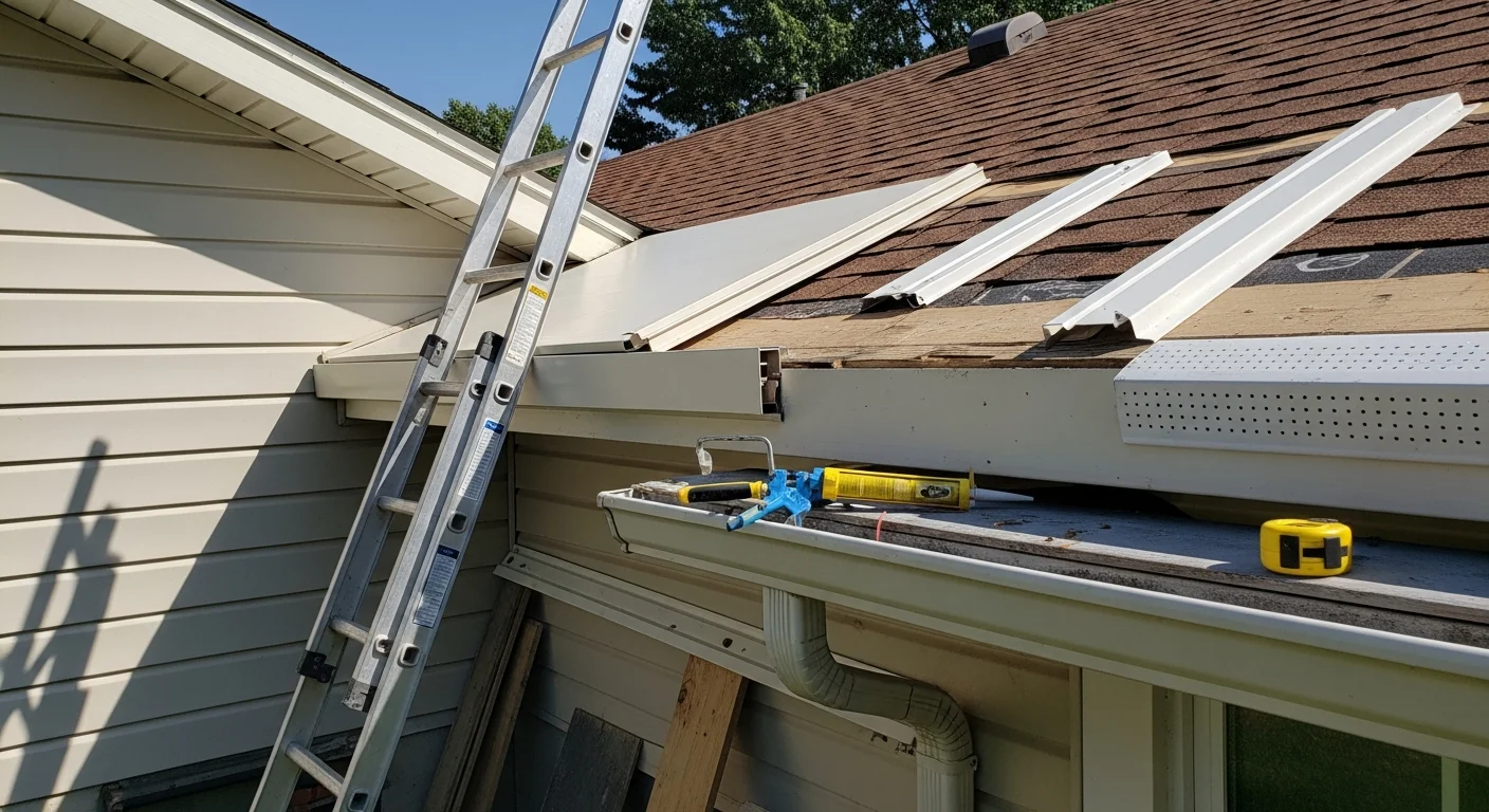 Repaired soffit and fascia panels along the roofline of a residential home in Osceola, Wisconsin. Clean, flush boards replace previously rotted and sagging sections near the gutter line.