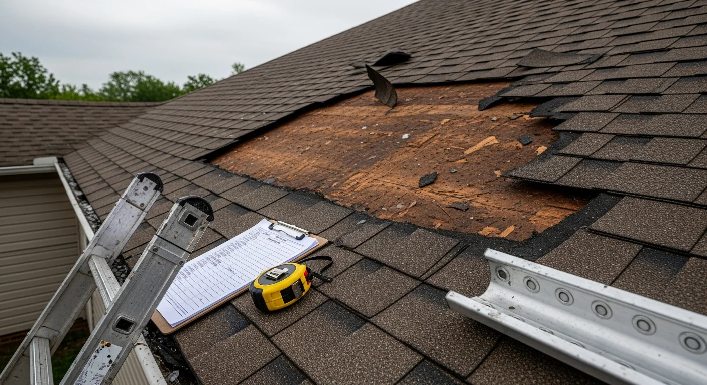A damaged residential roof in Osceola showing missing shingles and exposed decking after a wind and hail storm. A Delta Roofing and Restoration crew member inspects the affected area from the rooftop.