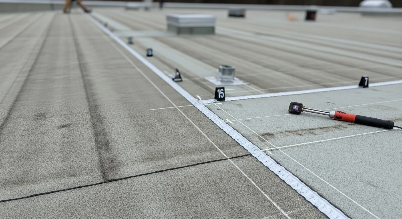 A flat commercial roof in Osceola, Wisconsin showing a completed TPO membrane repair with a heat-welded patch over a previously damaged seam. The white reflective membrane surface is clean and intact around the repaired area.